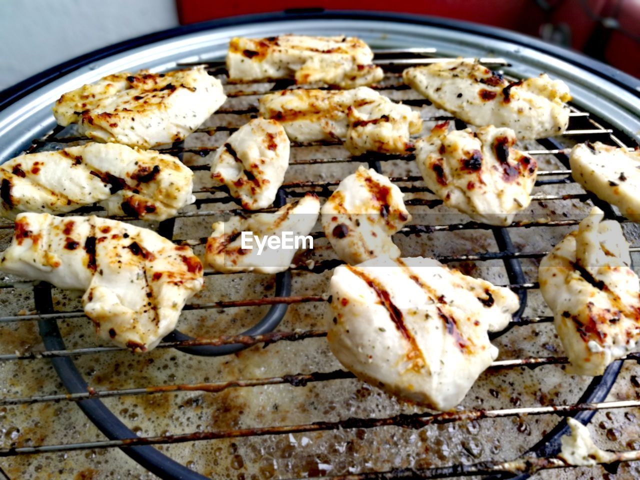 High angle view of food on barbecue grill