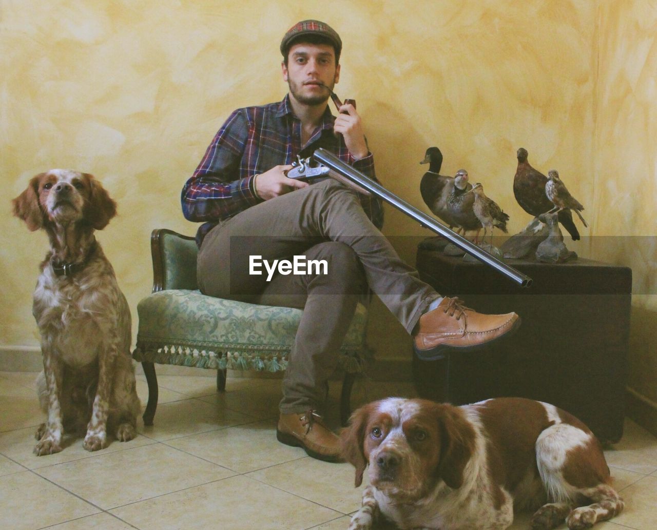 Portrait of male hunter holding shotgun while sitting on sofa by dogs on tiles floor at home