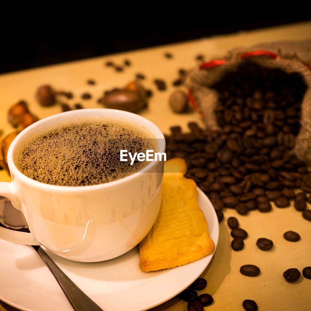 High angle view of coffee cup on table