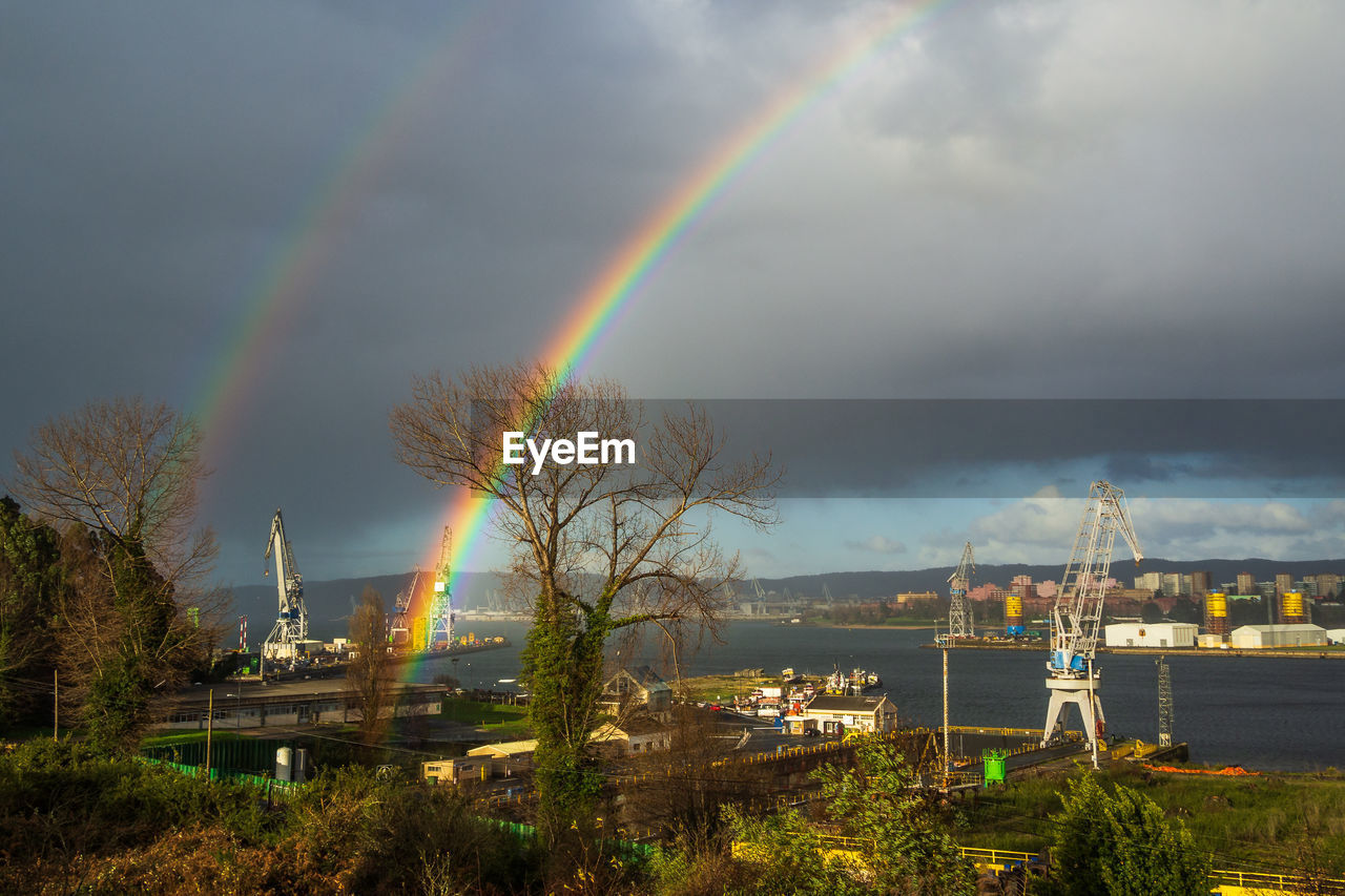 SCENIC VIEW OF RAINBOW OVER CITY AGAINST CLOUDY SKY