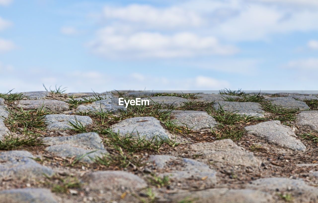 CLOSE-UP OF ROCK ON SHORE AGAINST SKY