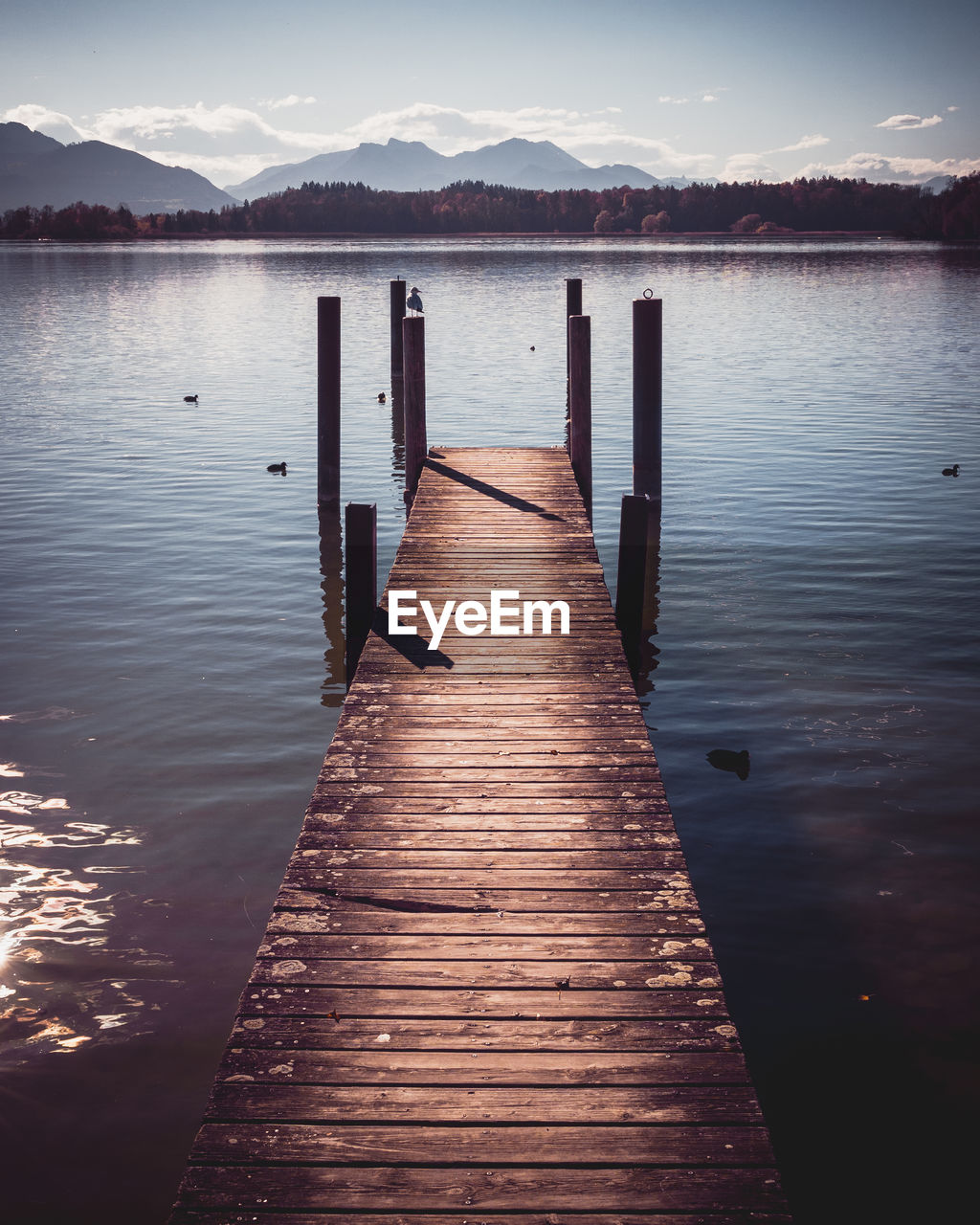 Wooden pier over lake against sky