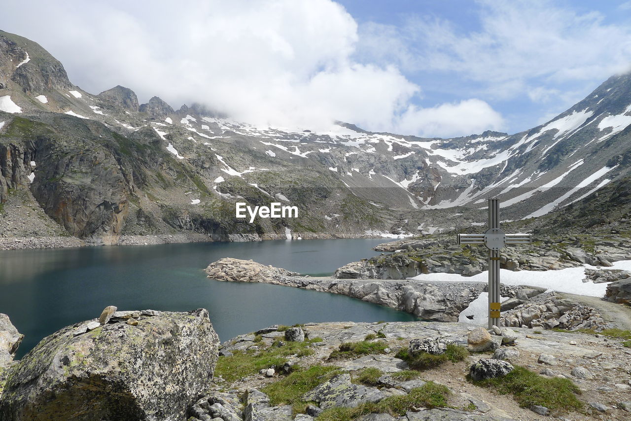 Scenic view of lake with mountains in background