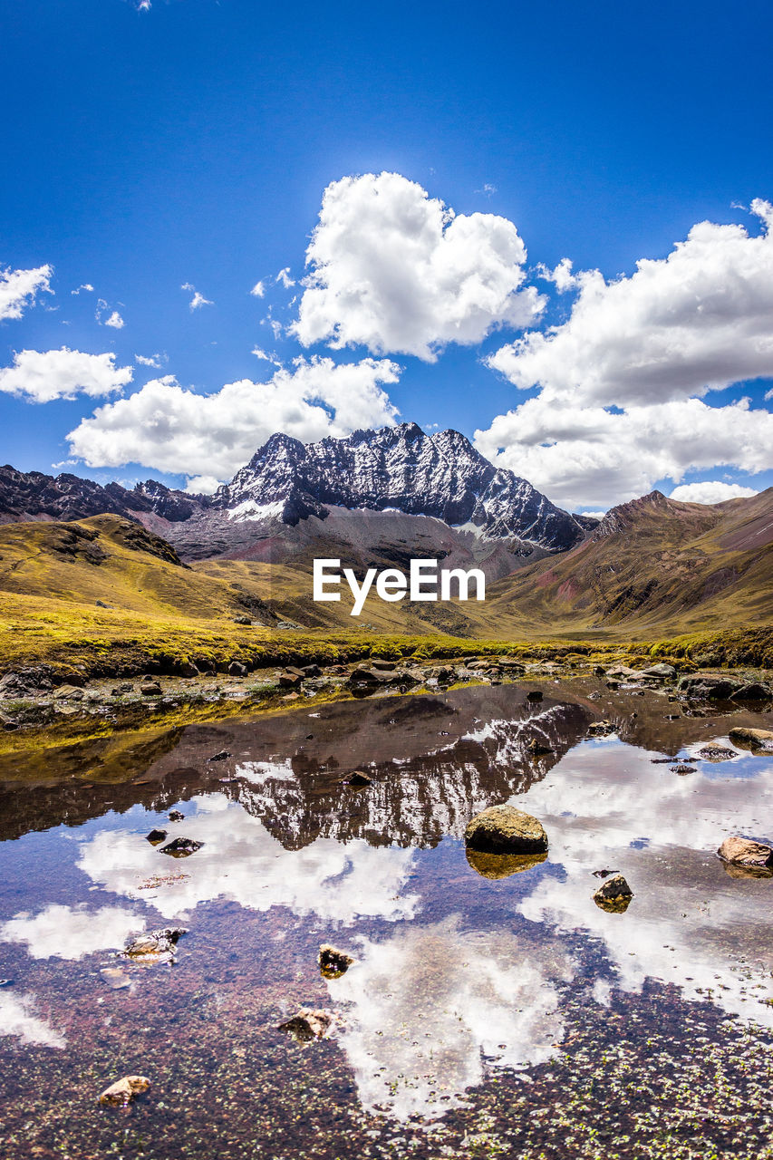 Scenic view of lake by mountain against sky