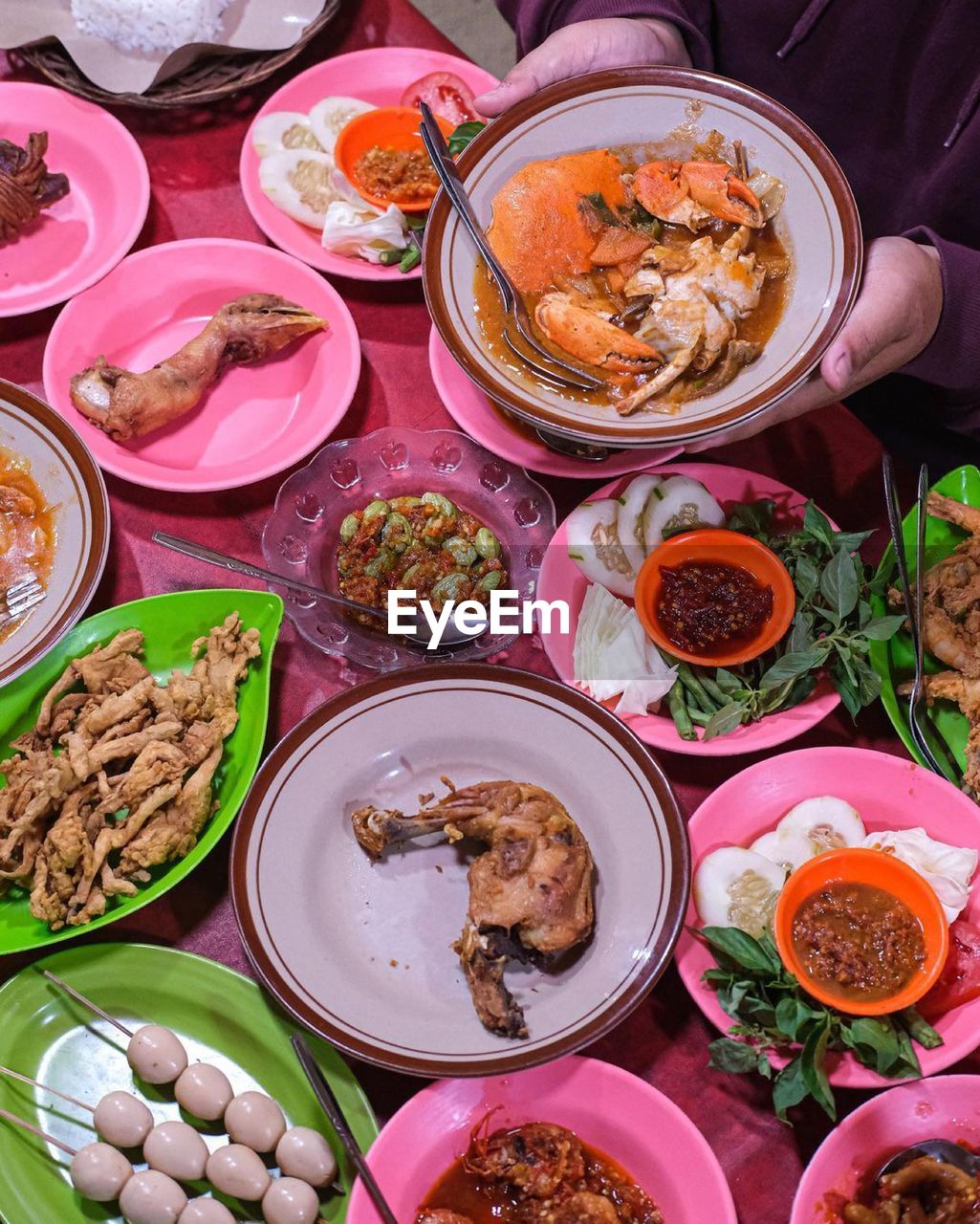 High angle view of meal served on table