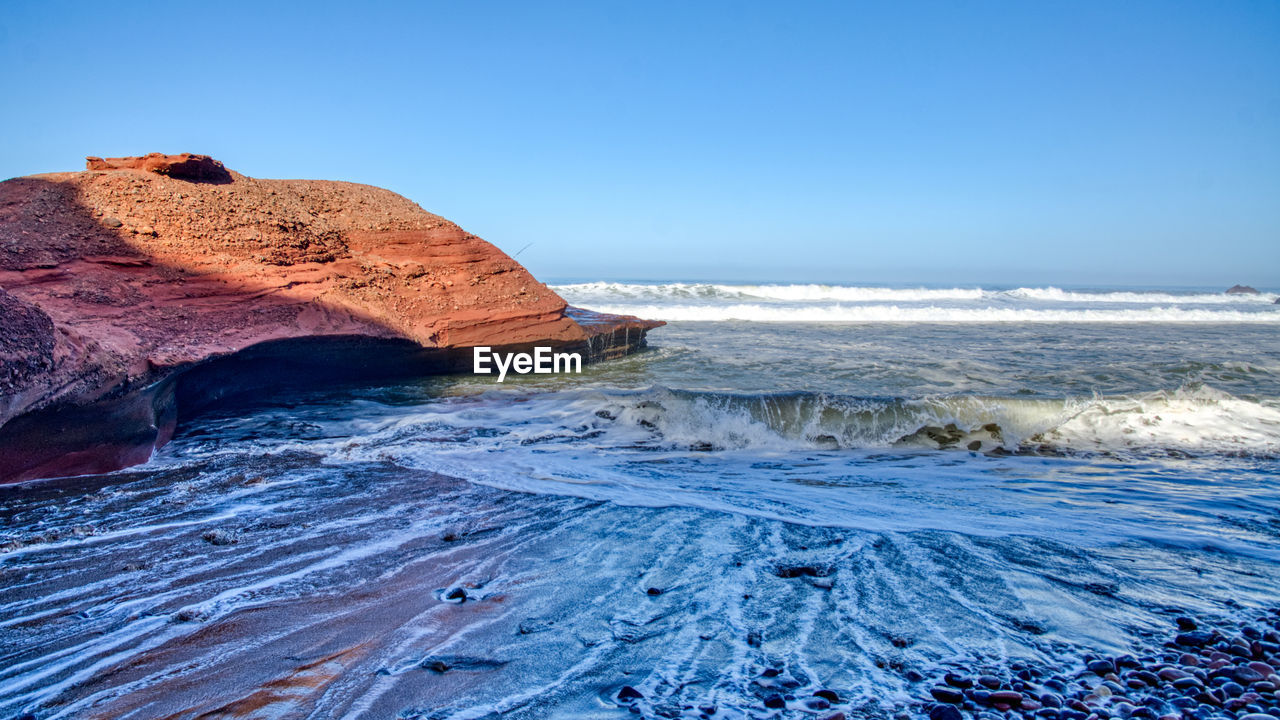 SCENIC VIEW OF ROCKY BEACH AGAINST CLEAR BLUE SKY