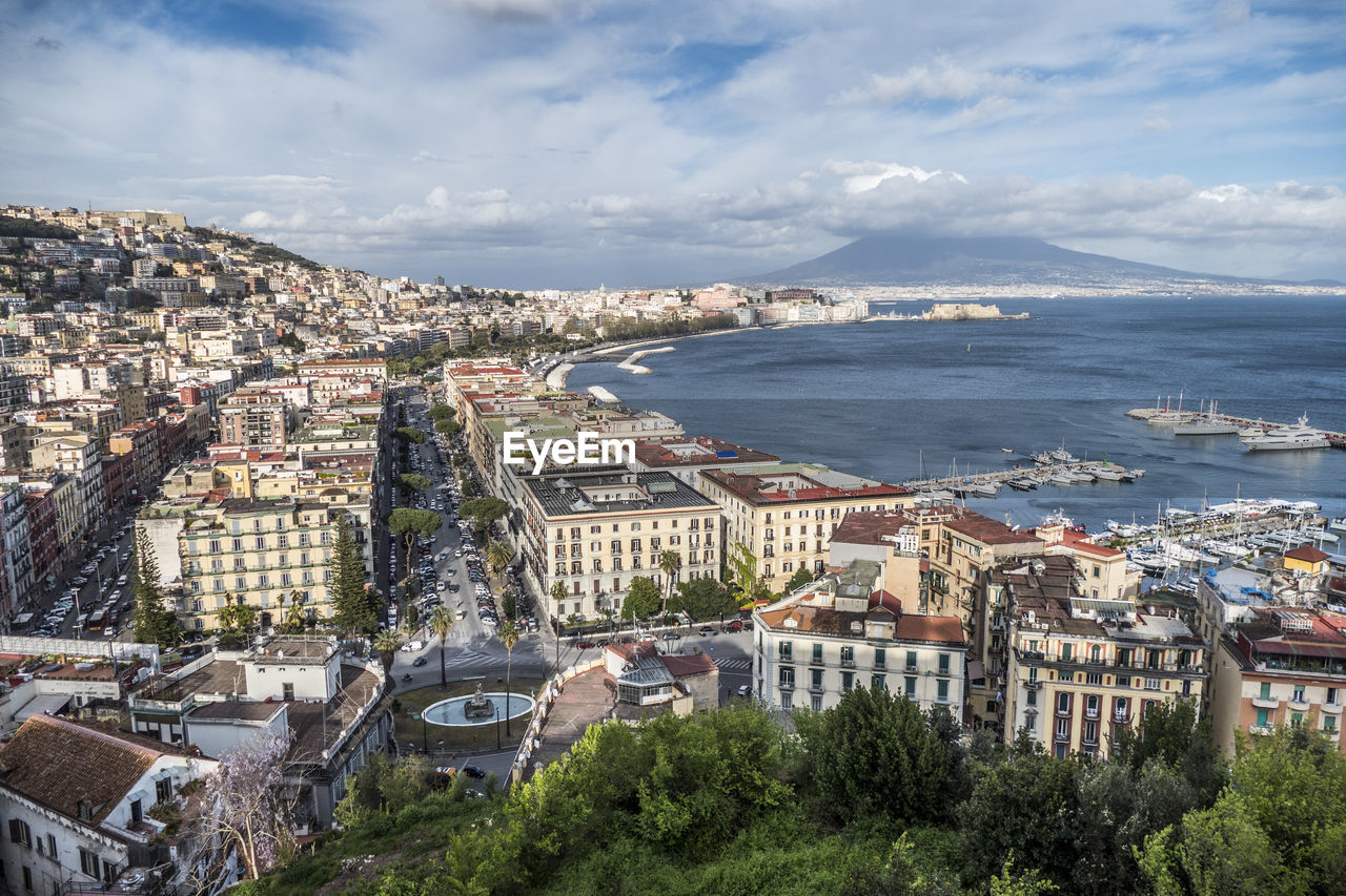 Aerial view of napoli and his gulf with vesuvius in background