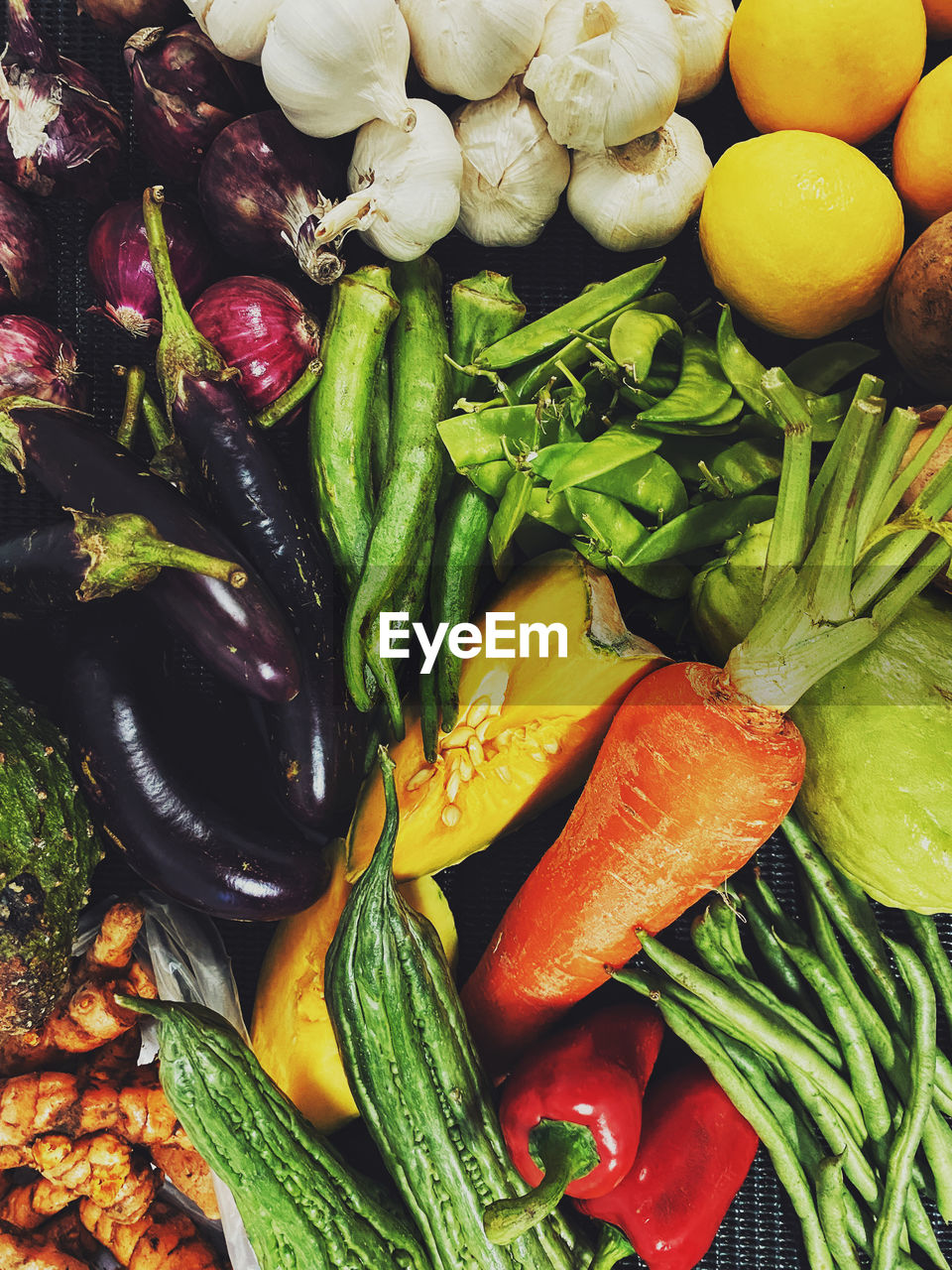 HIGH ANGLE VIEW OF FRUITS AND VEGETABLES