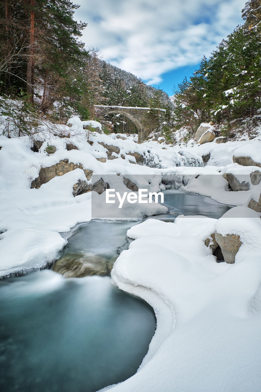 Scenic view of frozen river against sky during winter