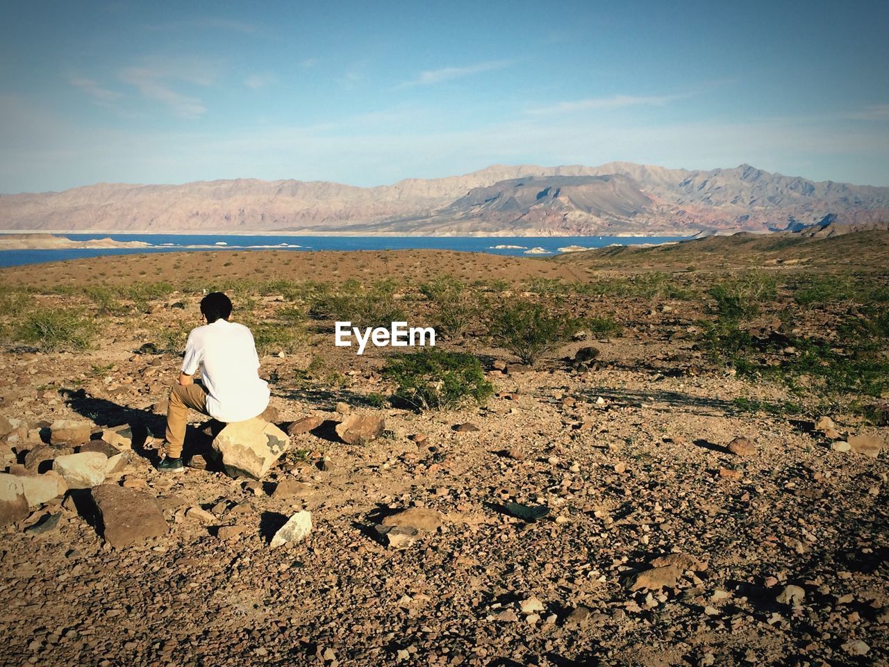 Man sitting on rock next to sea