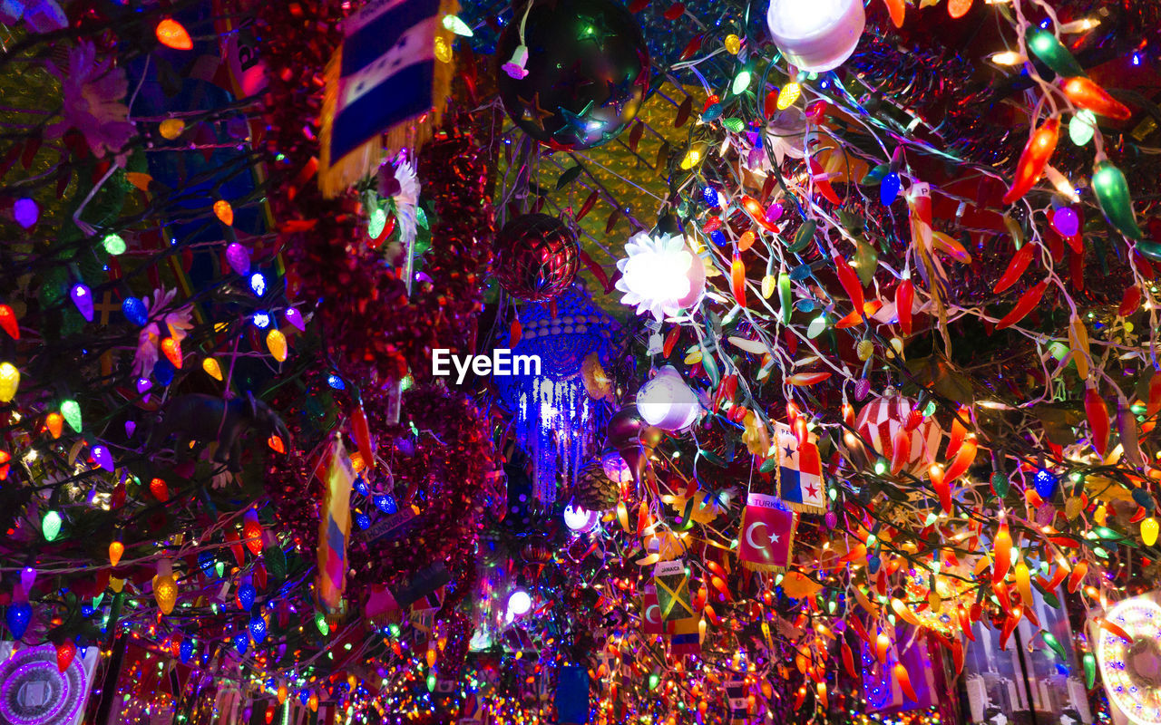 LOW ANGLE VIEW OF ILLUMINATED DECORATION HANGING ON CEILING