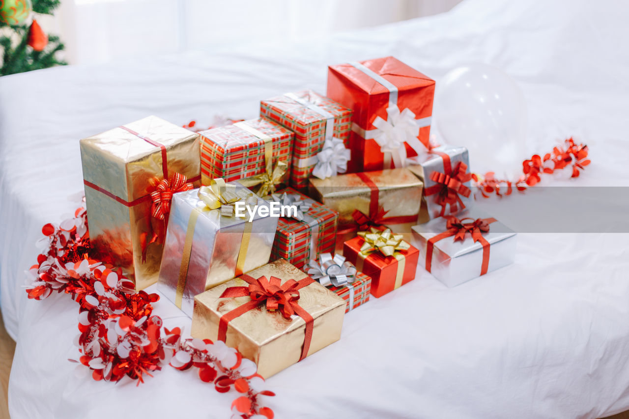 Close-up of christmas presents on table