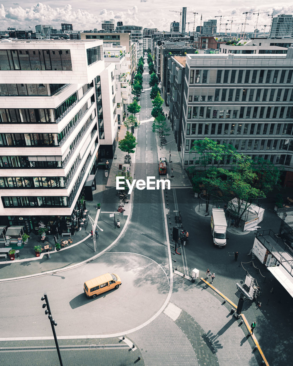 High angle view of city street and buildings