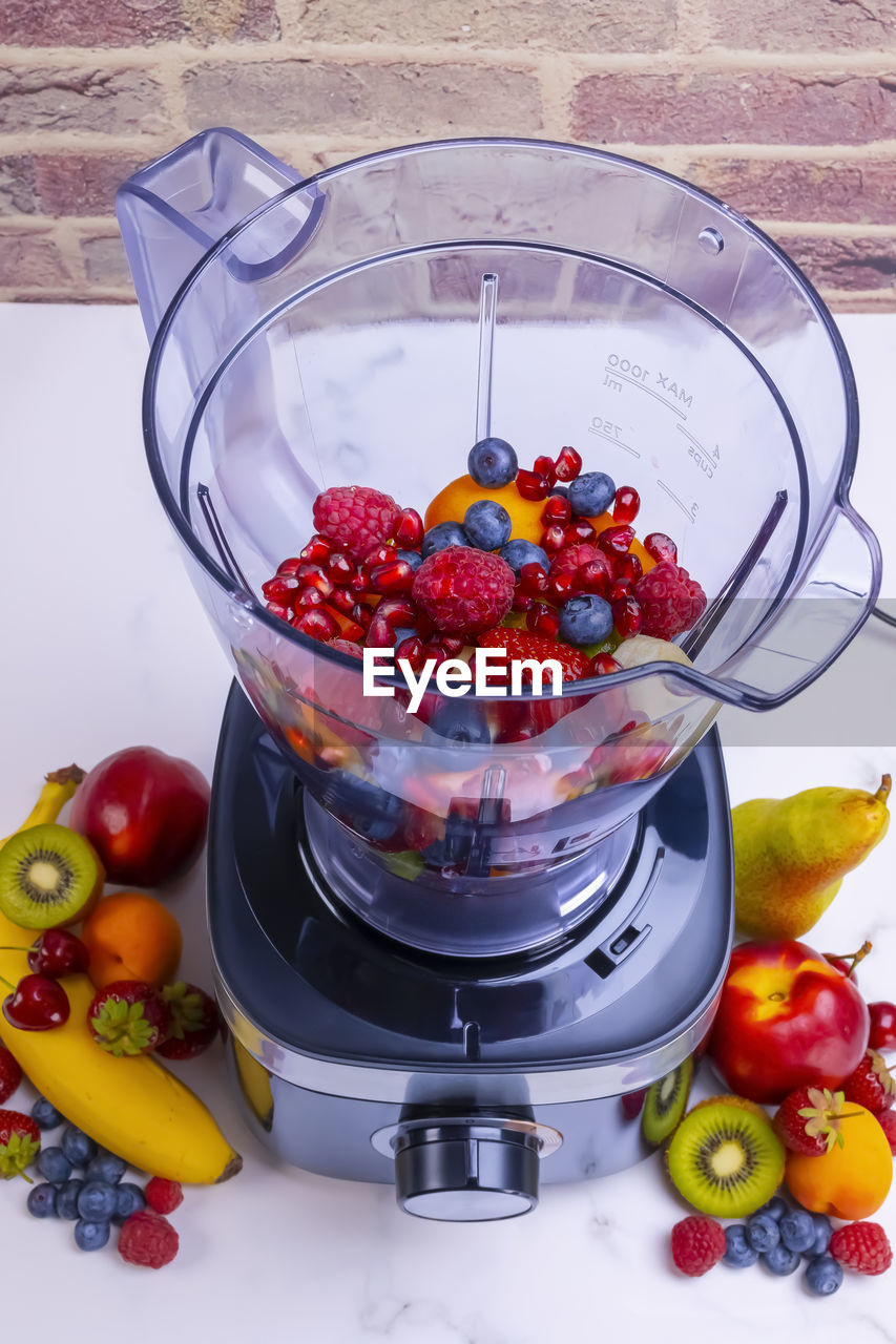 high angle view of fruits in bowl on table