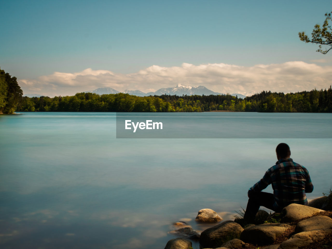 Rear view of man sitting by lake on rocks in forest