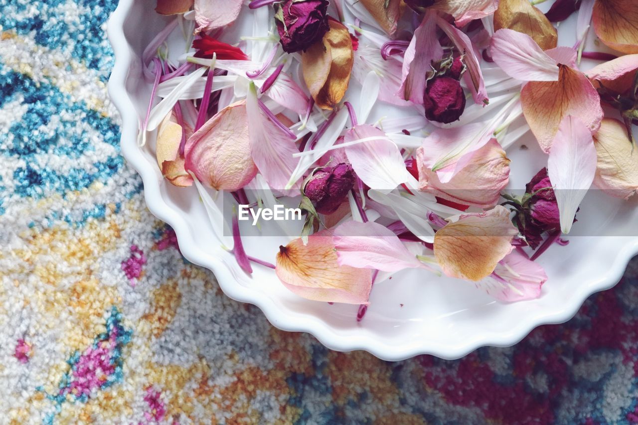 HIGH ANGLE VIEW OF PINK ROSES ON PURPLE FLOOR