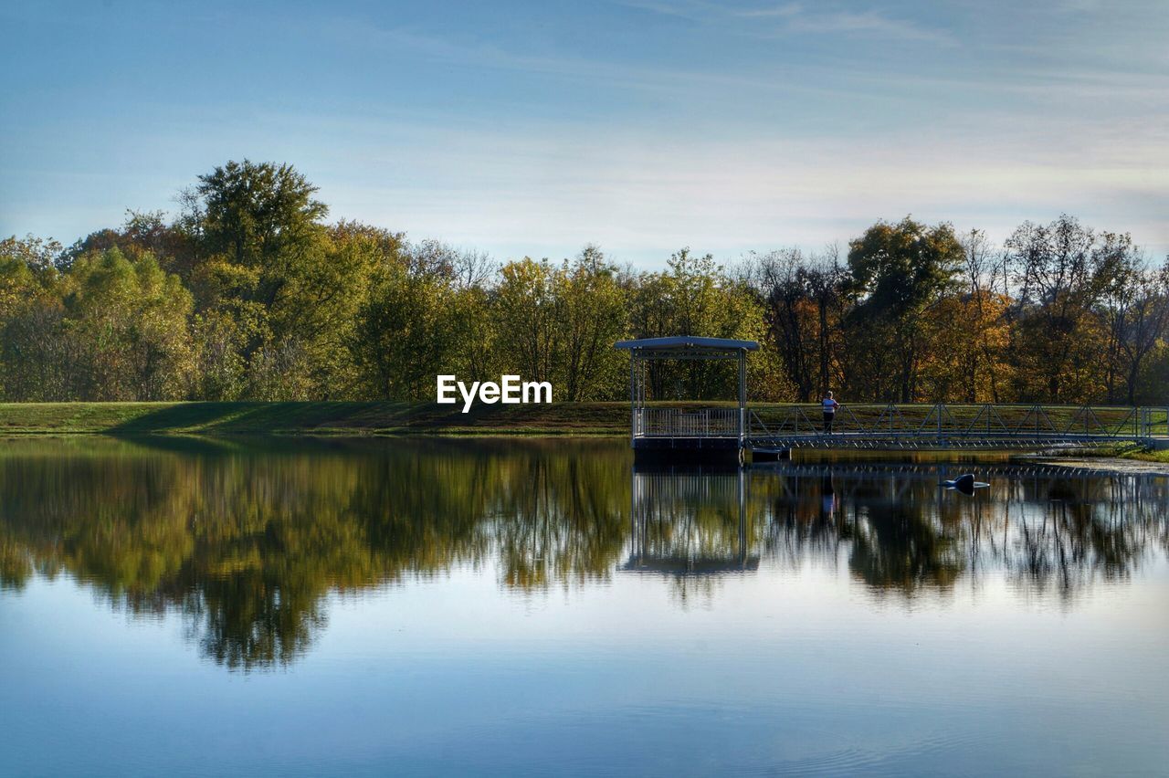 Scenic view of lake by trees against sky