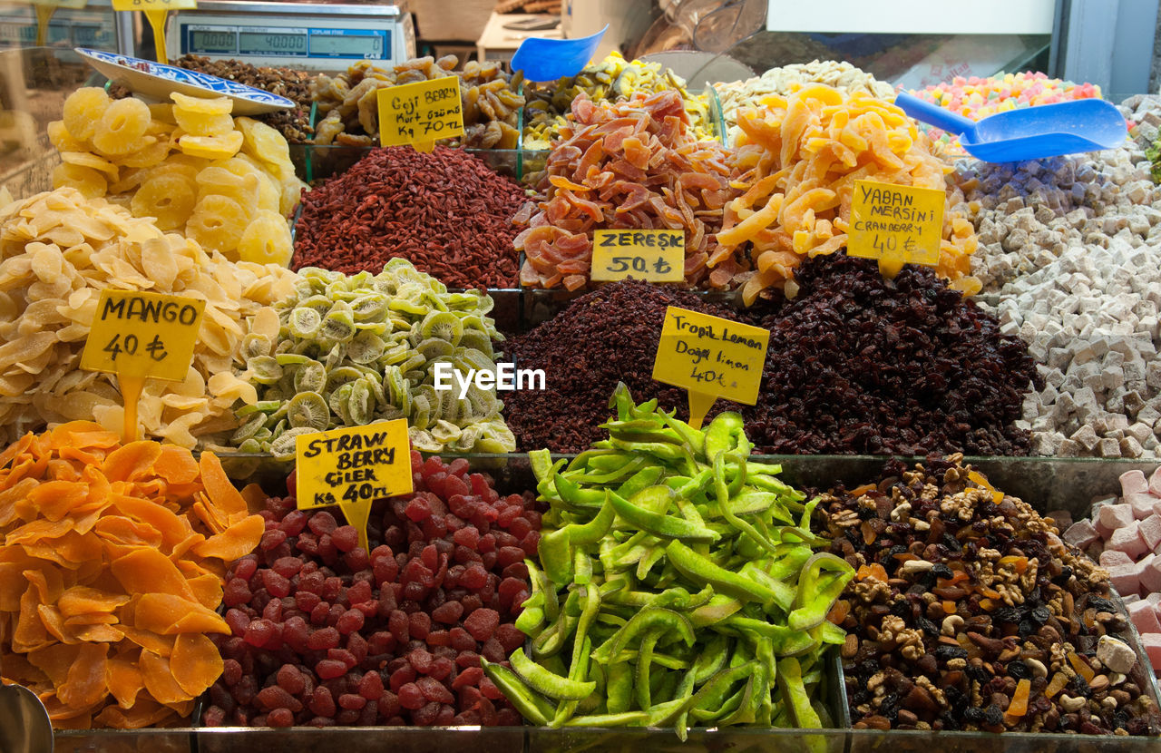 VARIOUS FRUITS FOR SALE IN MARKET STALL