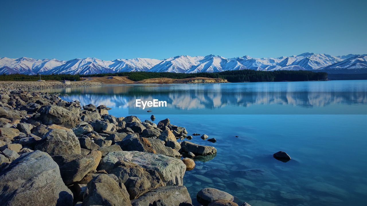 Scenic view of lake against blue sky