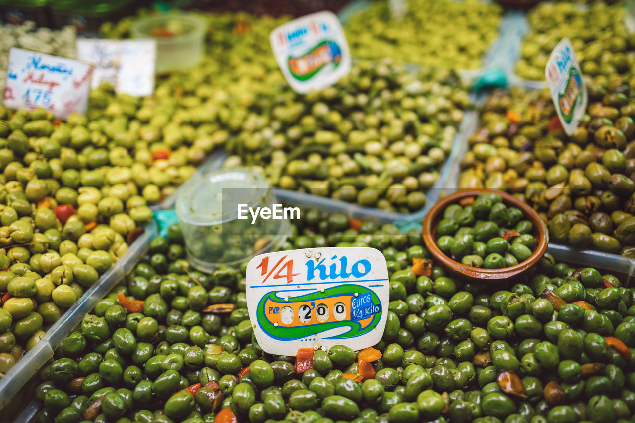 High angle view of olives for sale in market