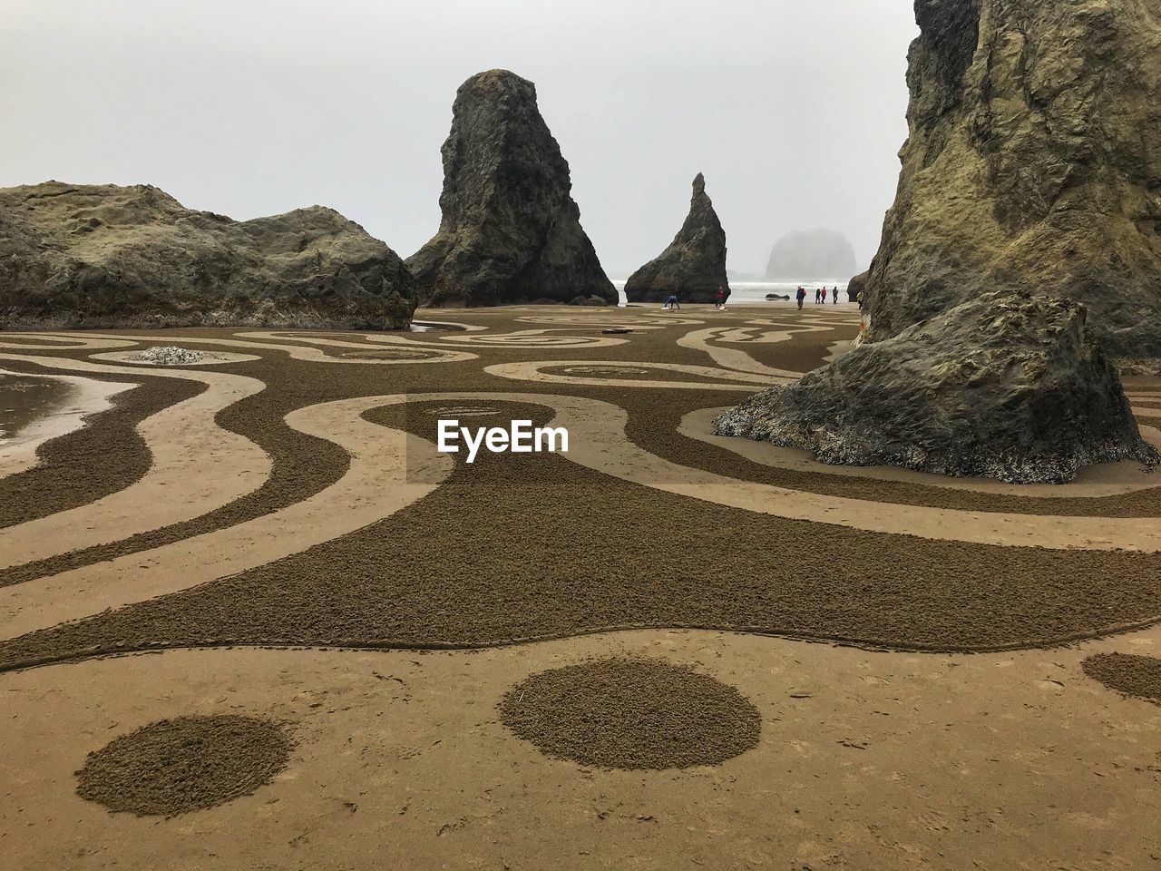 Surface level of rocks on beach against sky