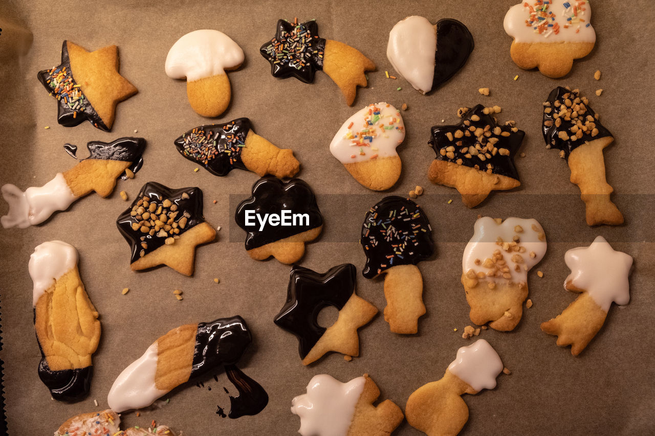 High angle view of cookies