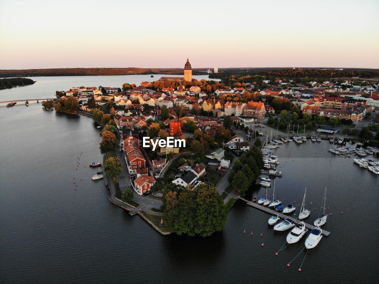 High angle view of river amidst buildings in city