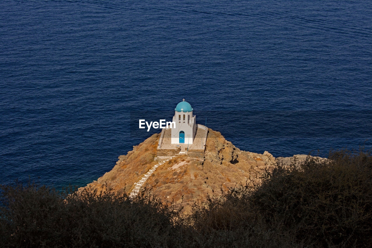 Aerial view of the church of the seven martyrs  on an outcrop of rock near kastro, sifnos, greece