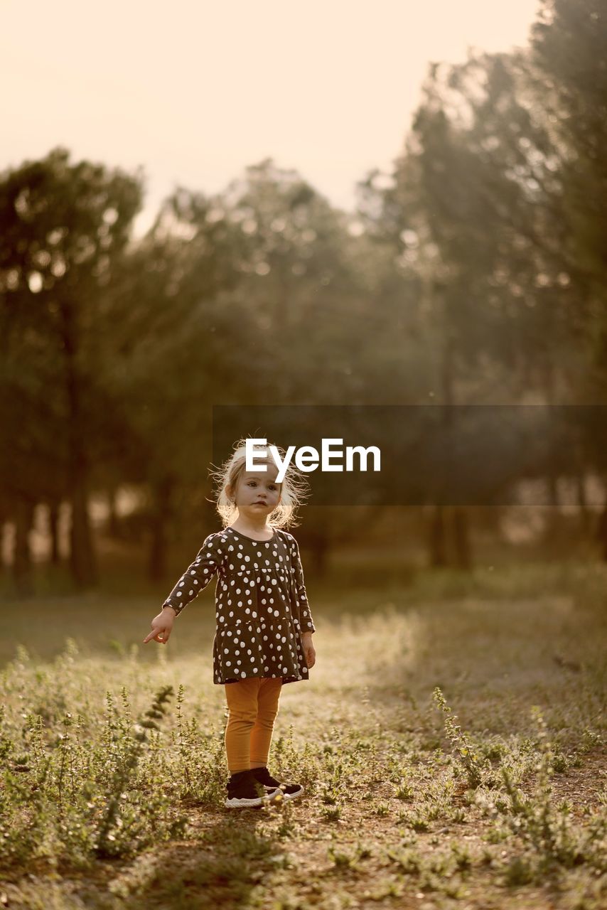one person, childhood, full length, child, autumn, plant, nature, tree, blond hair, women, sunlight, standing, clothing, dress, casual clothing, female, front view, innocence, happiness, hairstyle, toddler, day, emotion, walking, land, outdoors, person, smiling, cute, sky, fashion, leisure activity, grass, morning, footwear, portrait, flower, landscape, rural scene, lifestyles, forest, shoe, boot, looking, yellow, adult, summer