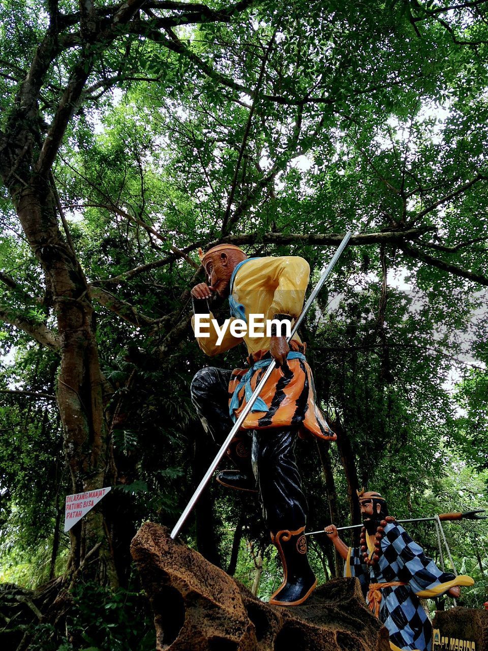 LOW ANGLE VIEW OF FRIENDS STANDING AGAINST TREE IN FOREST