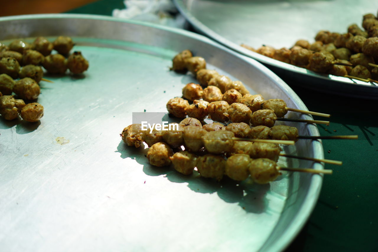 High angle view of meat in plate on table