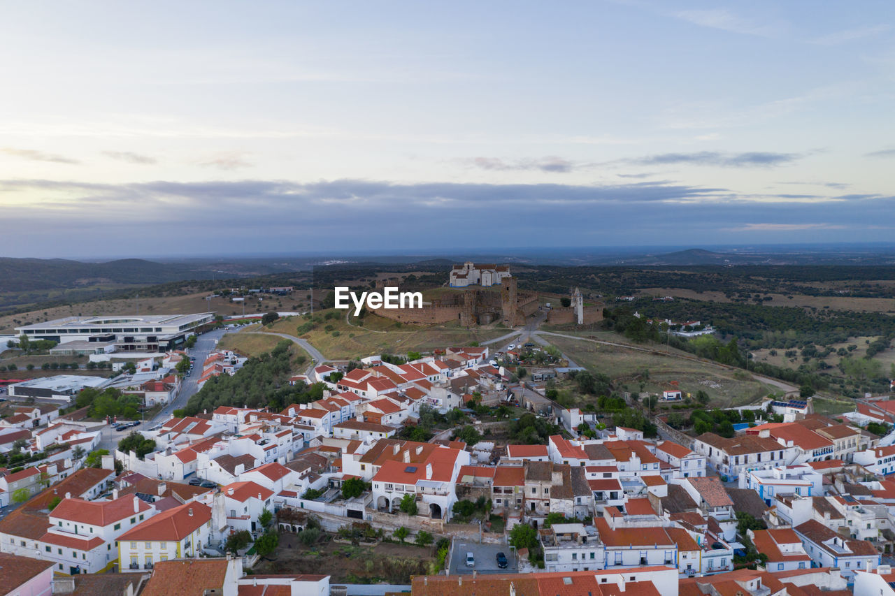 Arraiolos village drone aerial view at sunset in alentejo, portugal