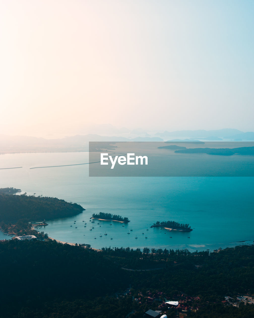 High angle view of sea against sky during sunset