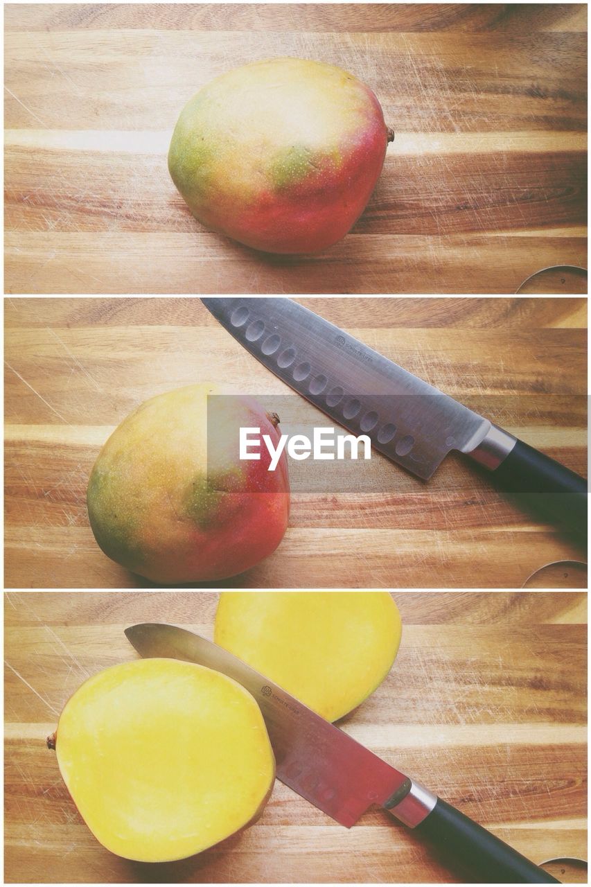 Montage of mango chopped in halves on wooden table