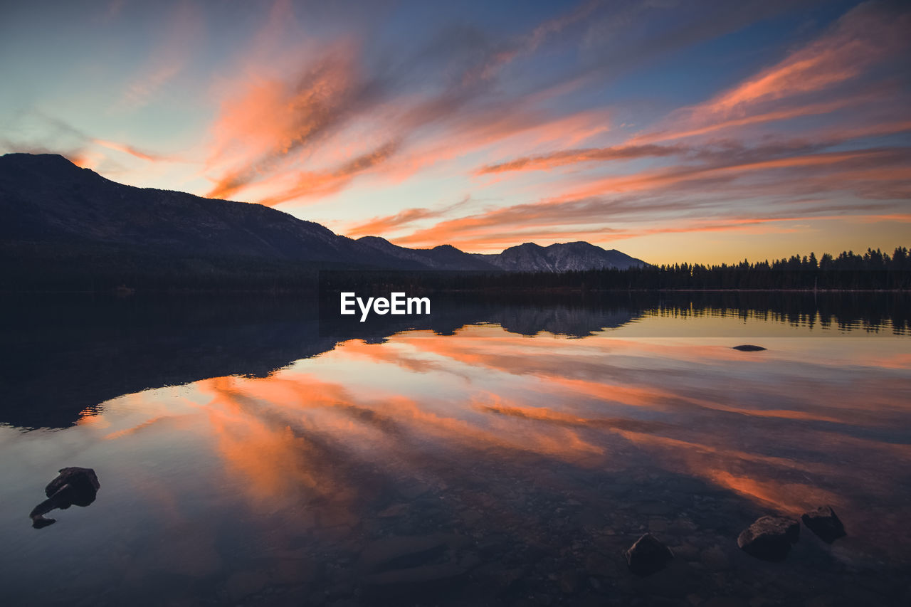 Scenic view of lake against sky during sunset