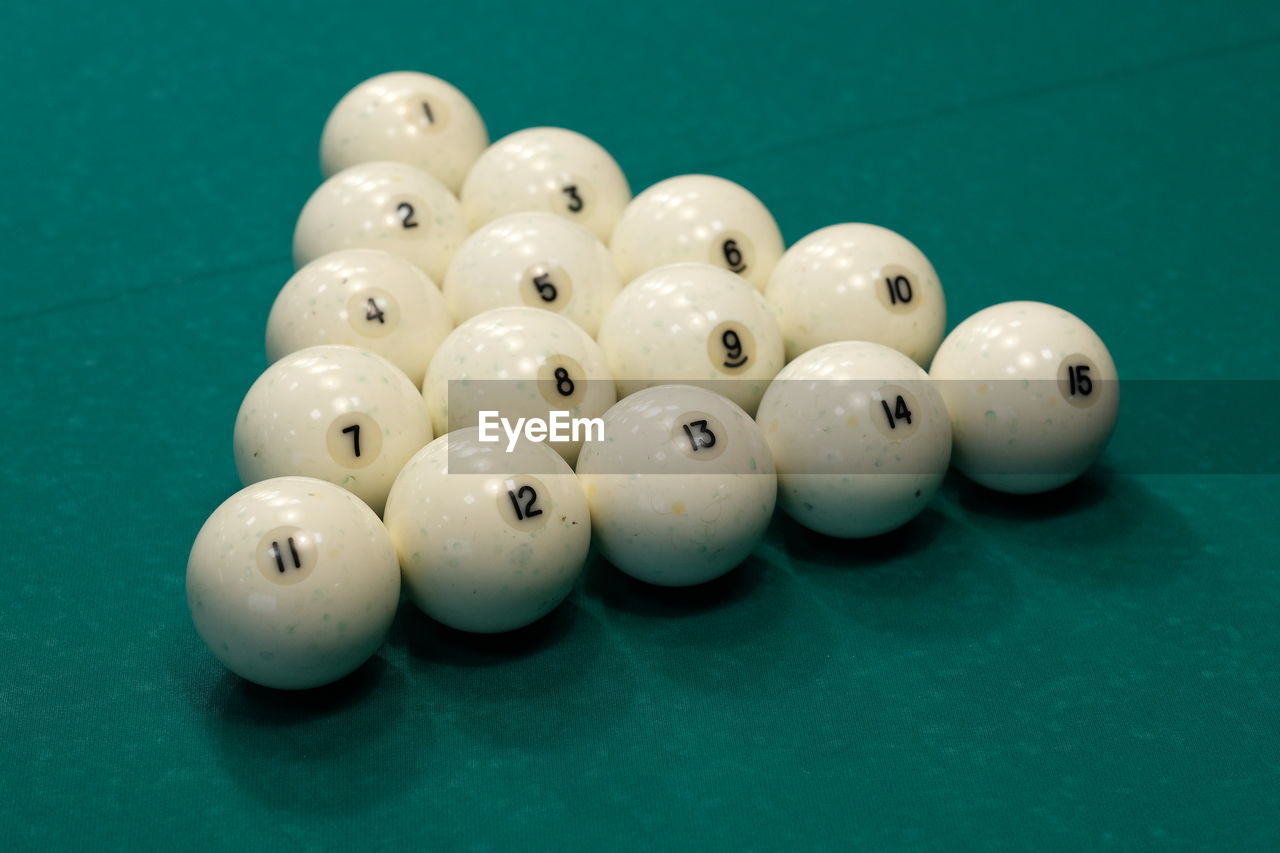 Close-up of balls on snooker table
