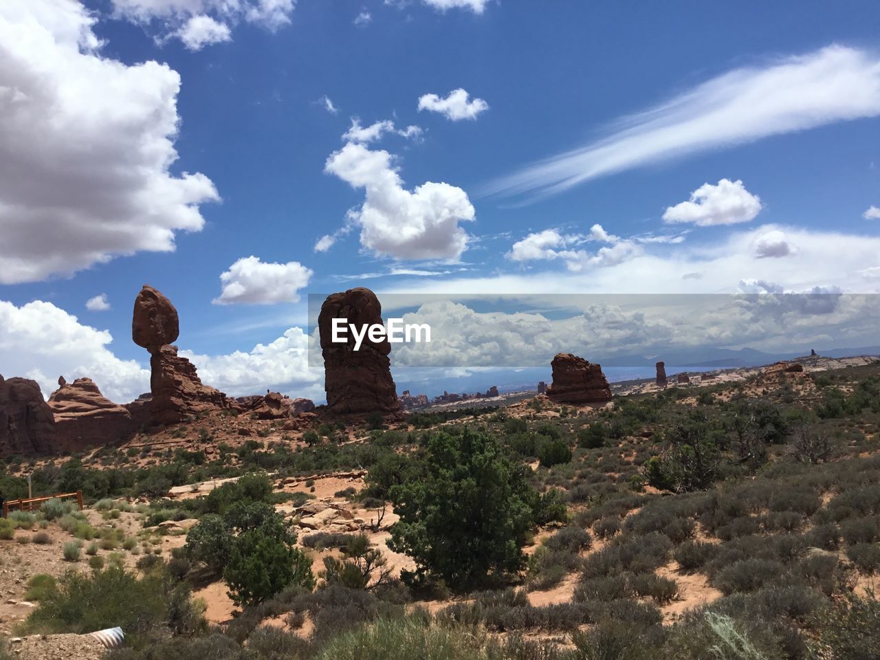 Moab national canyon park rock formations on landscape against sky