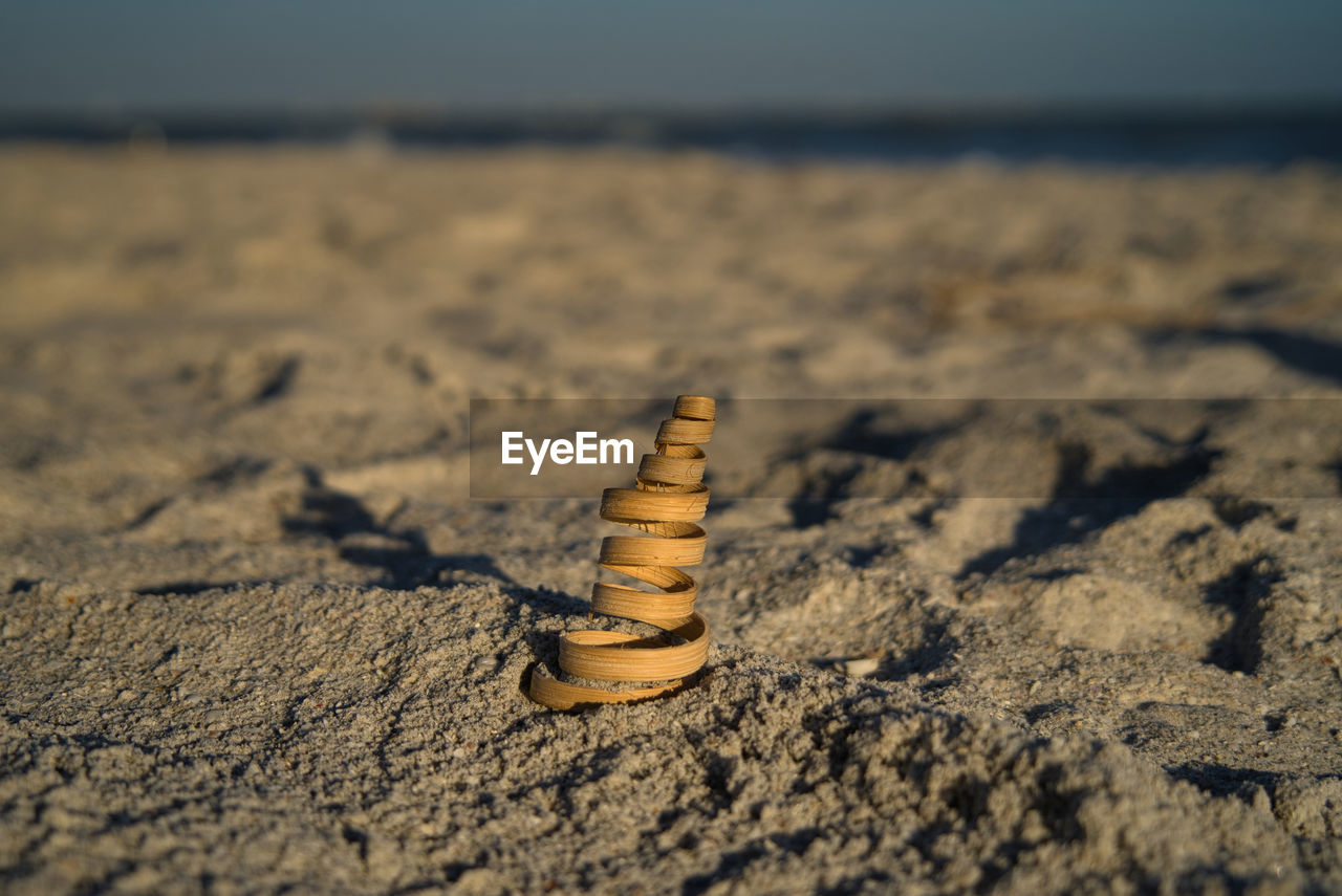 Close up of a decorative spiral made of wood on the beach on sanibel island