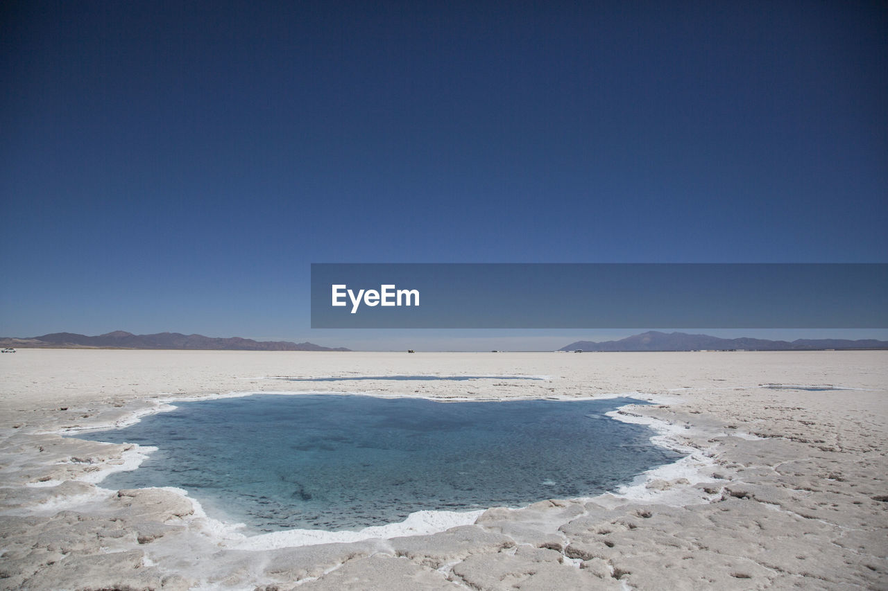 Scenic view of beach against clear blue sky