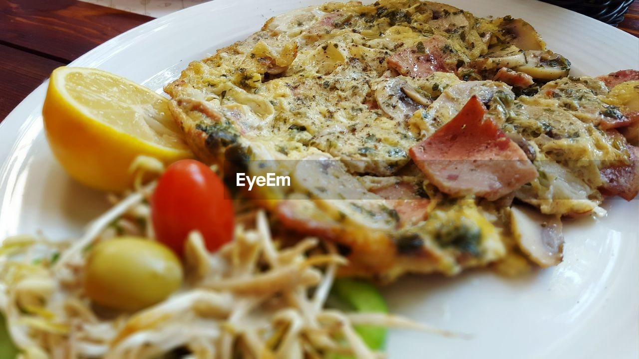High angle view of omelet served in plate