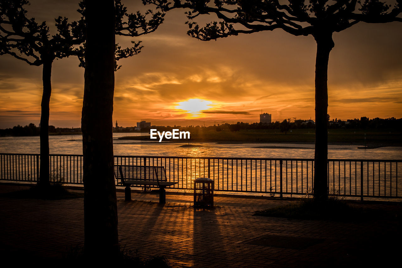 Silhouette trees by sea against sky during sunset