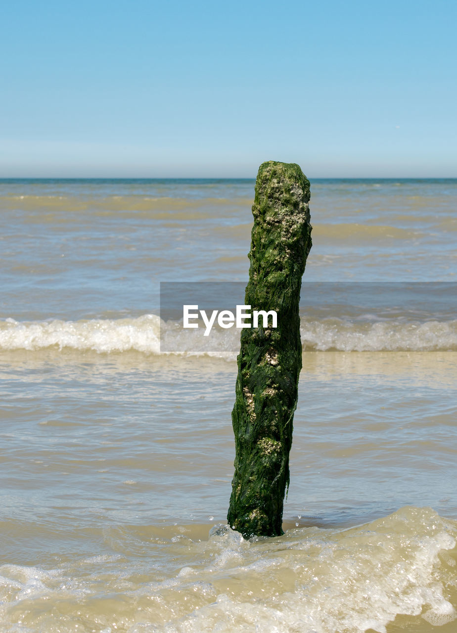 SCENIC VIEW OF WOODEN POST ON BEACH