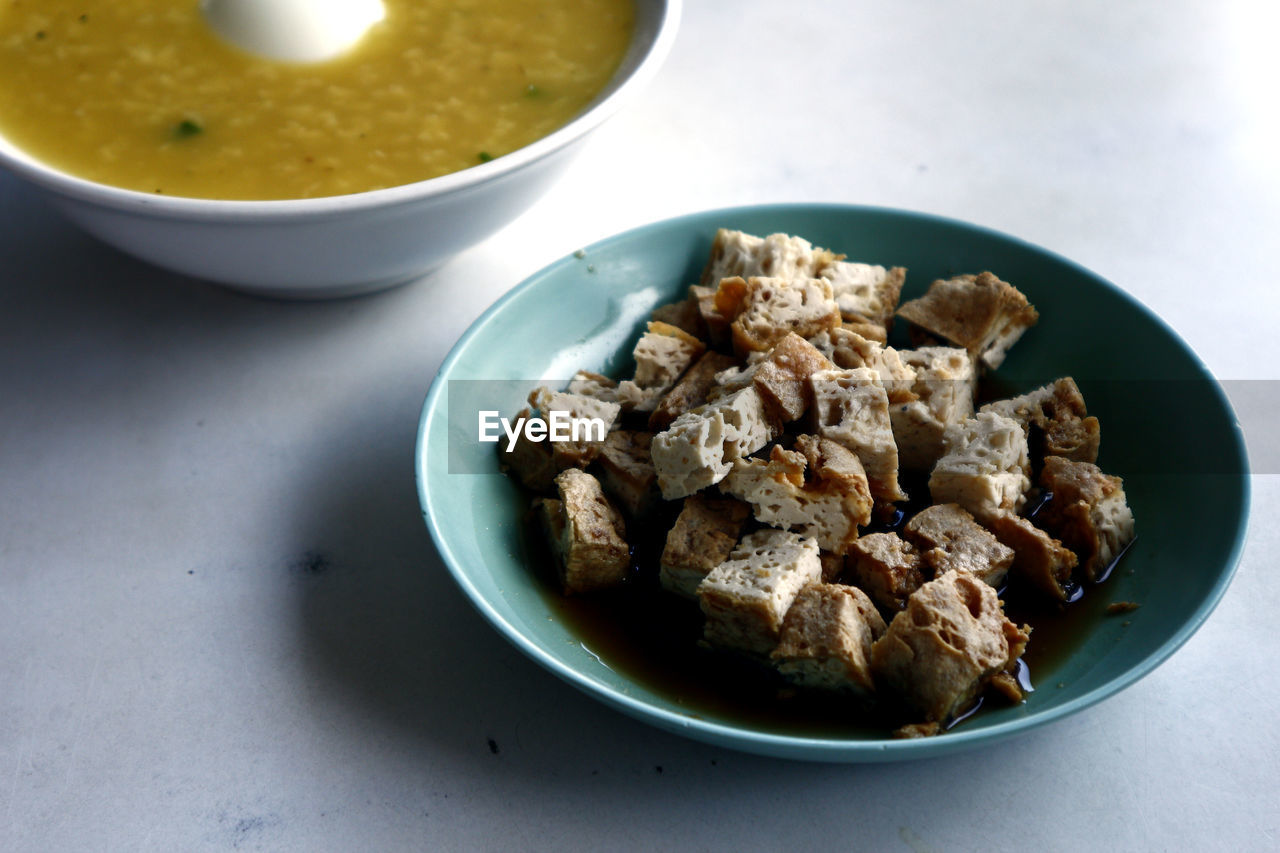 High angle view of food in bowls on table