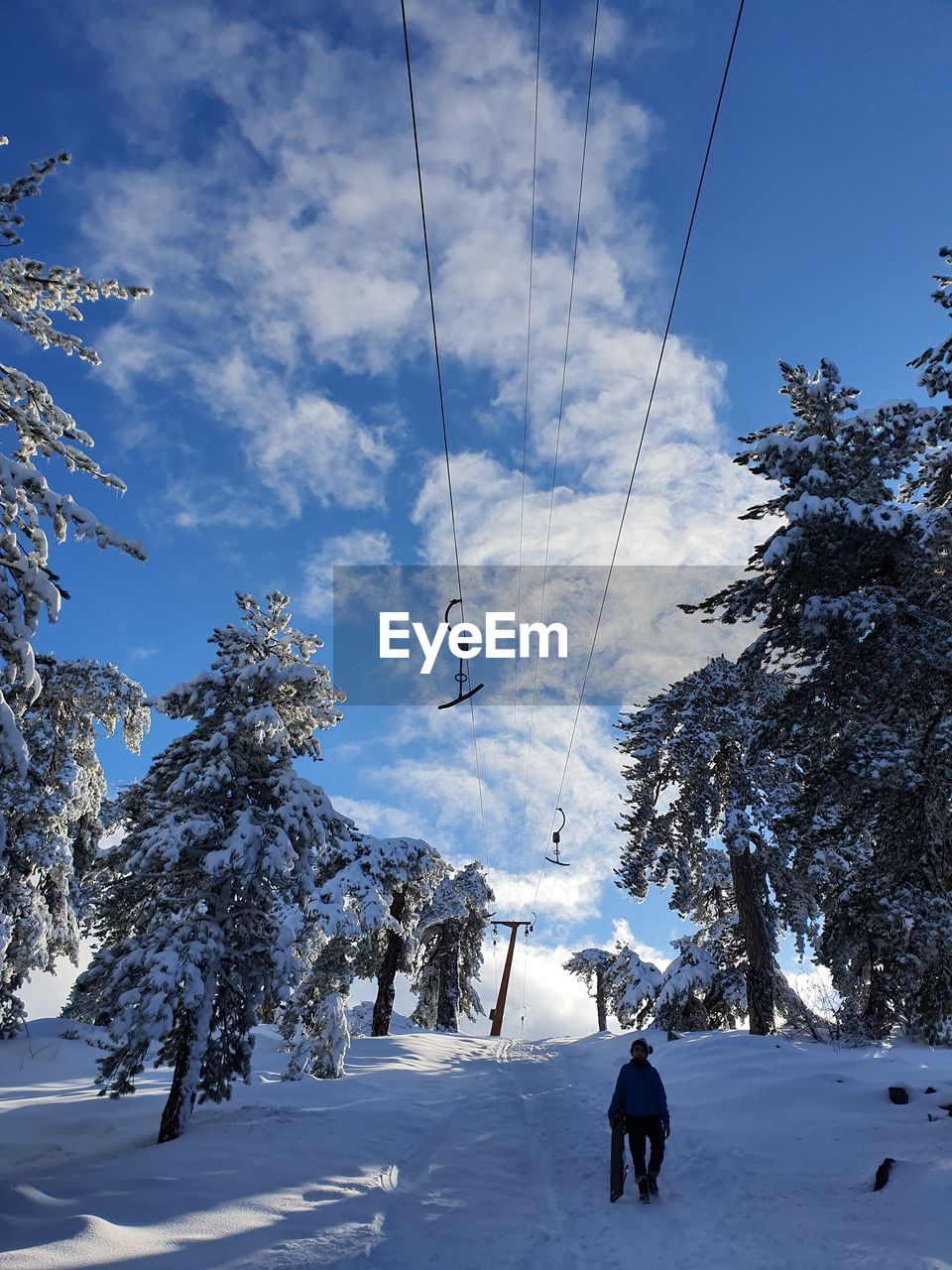 Person walking on snow covered land against sky