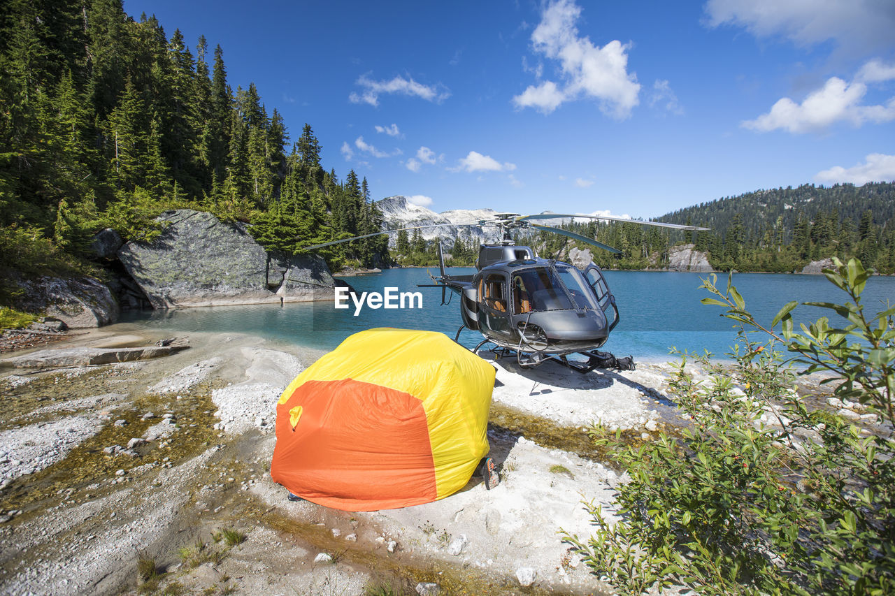 Helicopter patrons test out emergency shelter tent.