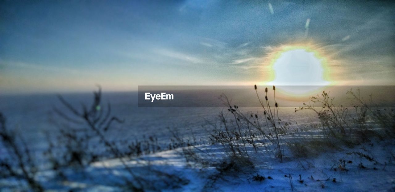 SCENIC VIEW OF FROZEN LAND DURING SUNSET