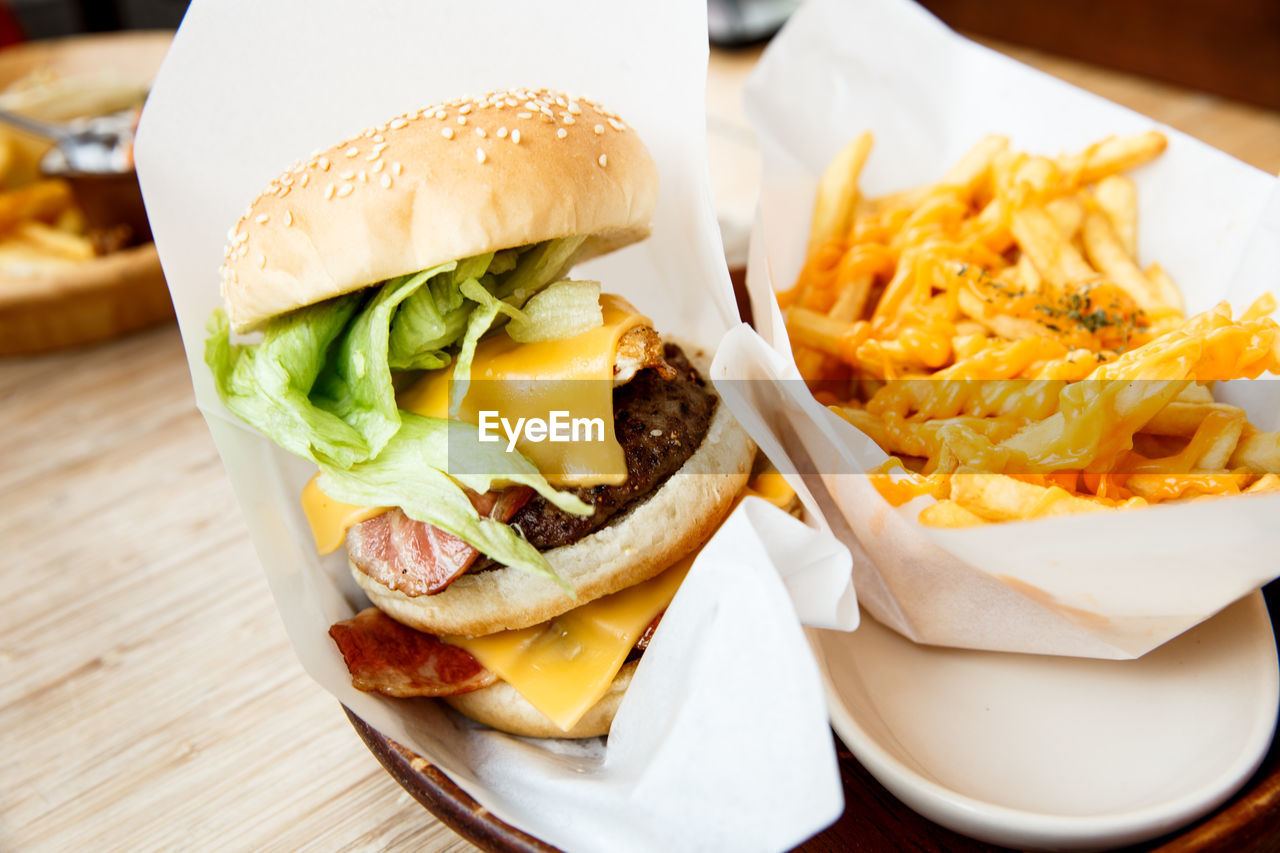 Close-up of burger and french fries in plate