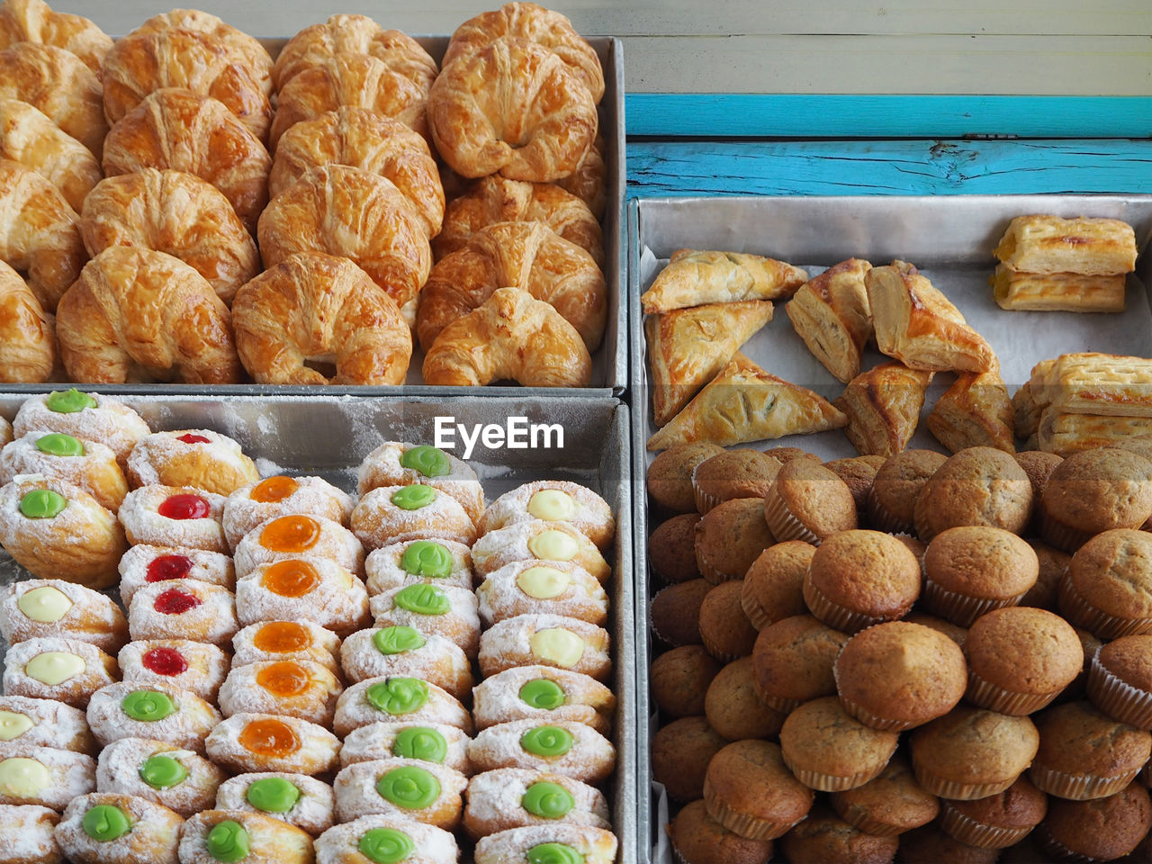 High angle view of food for sale in bakery