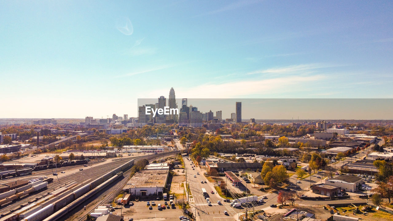 High angle view of cityscape against sky during sunset