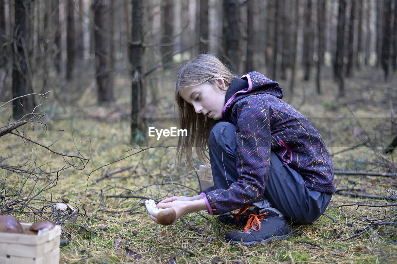 Side view of cute girl collecting edible mushroom in forest